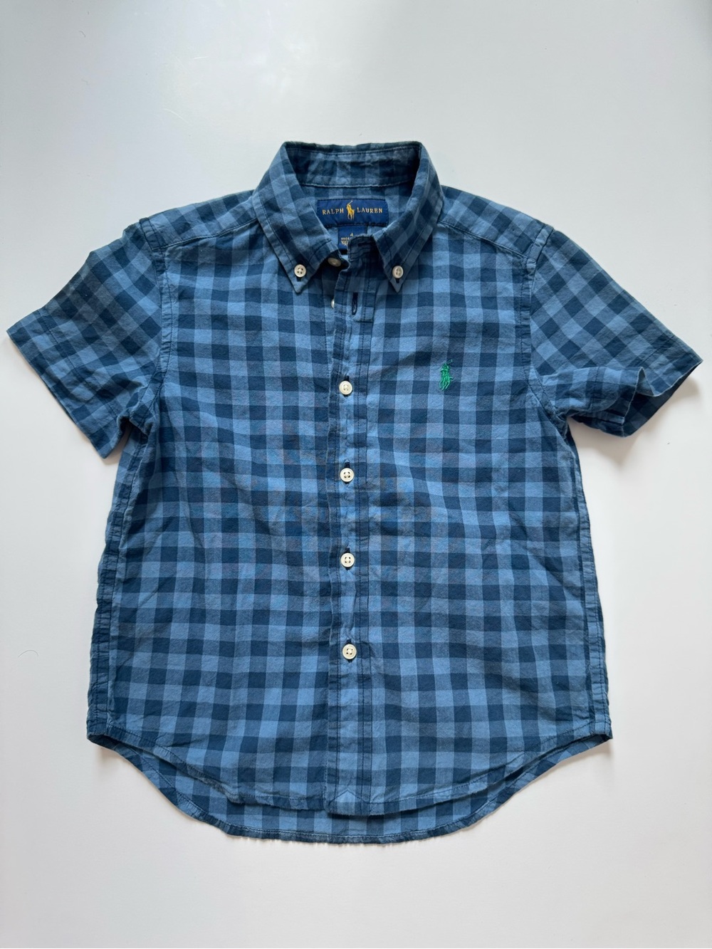 Ralph Lauren Boys Blue Gingham Short Sleeve Button Down Shirt Size 4